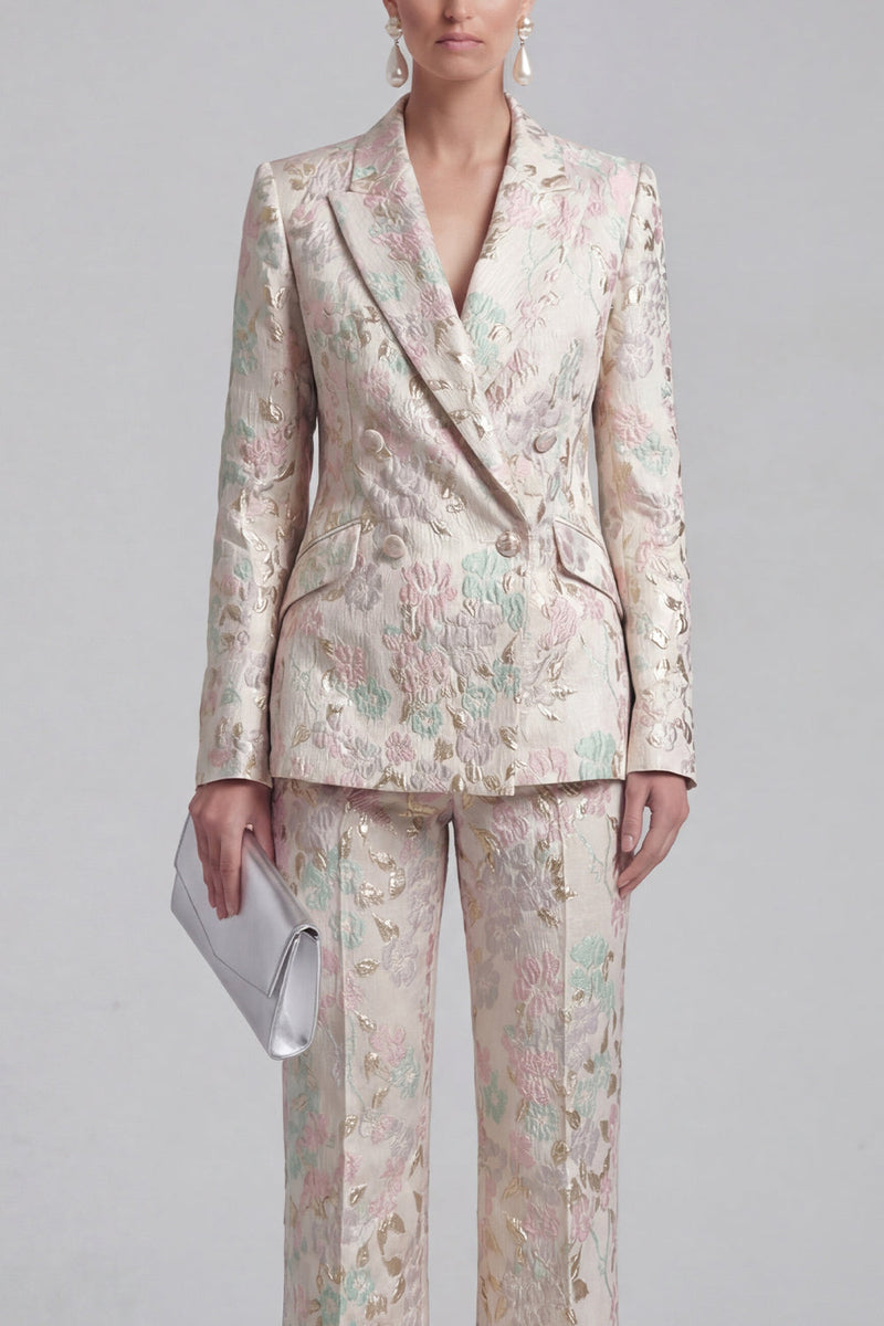Load image into Gallery viewer, 2 Piece Floral Peak Lapel Double Breasted Slim Fit Champagne Pink Prom Suits