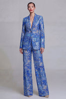 Load image into Gallery viewer, Queendancer Women 2 Piece Single Breasted Dark Blue Prom Suits Floral Notched Lapel Lace Slim Fit Wide Leg Business Suits