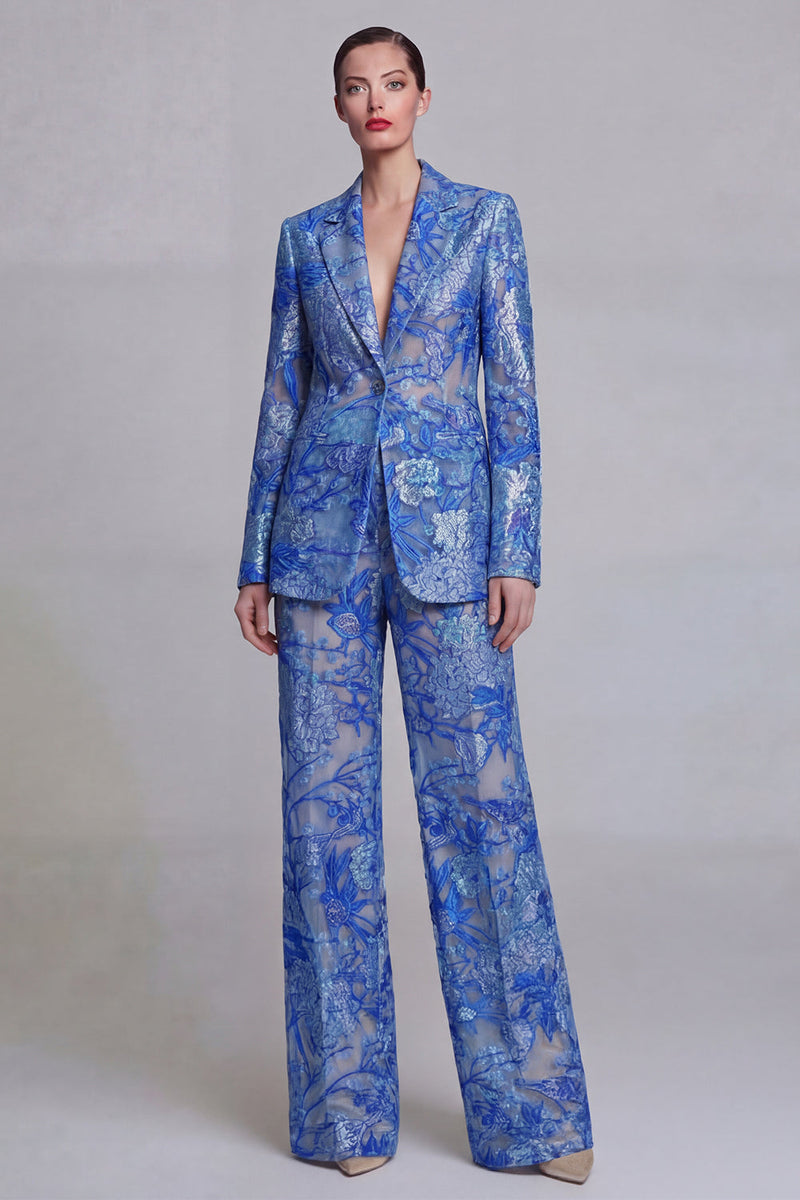 Load image into Gallery viewer, Queendancer Women 2 Piece Single Breasted Dark Blue Prom Suits Floral Notched Lapel Lace Slim Fit Wide Leg Business Suits