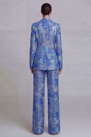 Load image into Gallery viewer, Single Breasted Dark Blue 2 Piece Floral Notched Lapel Wide Leg Lace Prom Suits