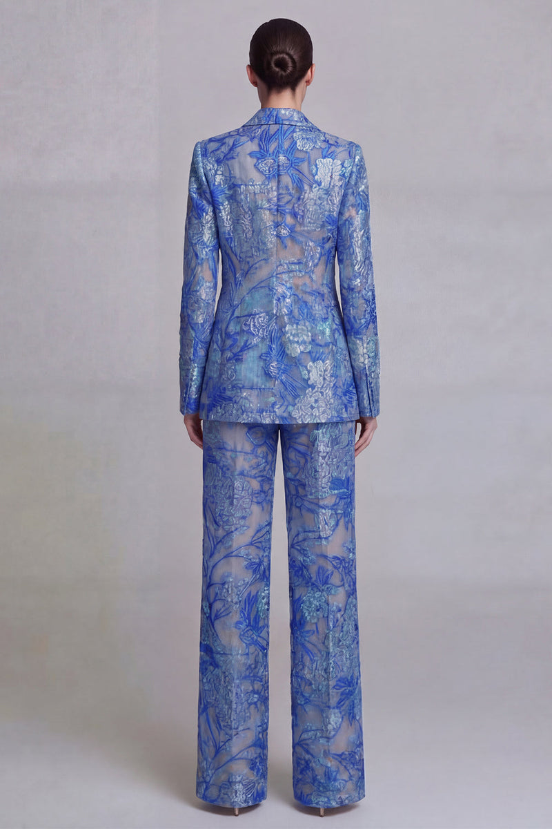 Load image into Gallery viewer, Single Breasted Dark Blue 2 Piece Floral Notched Lapel Wide Leg Lace Prom Suits