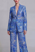 Load image into Gallery viewer, Single Breasted Dark Blue 2 Piece Floral Notched Lapel Wide Leg Lace Prom Suits