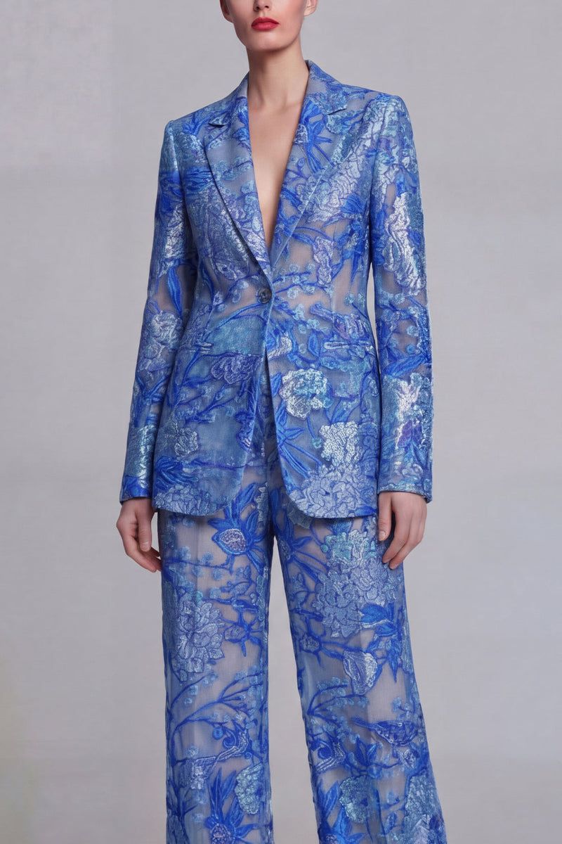 Load image into Gallery viewer, Single Breasted Dark Blue 2 Piece Floral Notched Lapel Wide Leg Lace Prom Suits