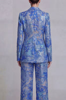 Load image into Gallery viewer, Single Breasted Dark Blue 2 Piece Floral Notched Lapel Wide Leg Lace Prom Suits