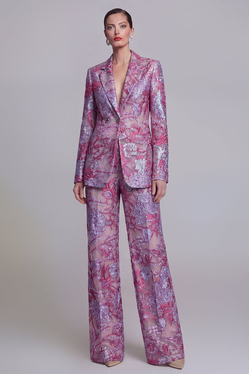 Load image into Gallery viewer, Single Breasted Dark Blue 2 Piece Floral Notched Lapel Wide Leg Lace Prom Suits