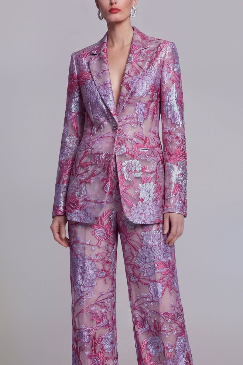 Load image into Gallery viewer, Single Breasted Dark Blue 2 Piece Floral Notched Lapel Wide Leg Lace Prom Suits