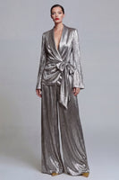 Load image into Gallery viewer, Shawl Lapel Grey 2 Piece Wide Leg Prom Suits with Bow