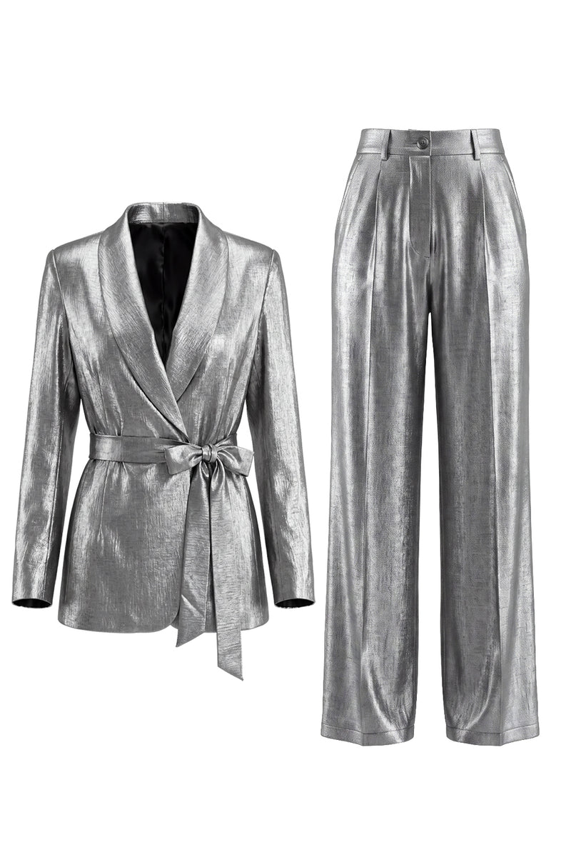 Load image into Gallery viewer, Shawl Lapel Grey 2 Piece Wide Leg Prom Suits with Bow