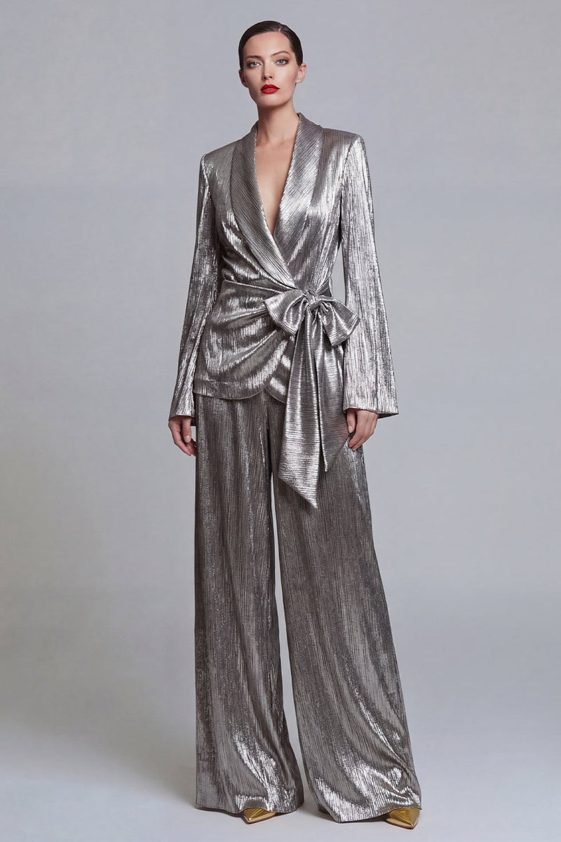 Load image into Gallery viewer, Shawl Lapel Grey 2 Piece Wide Leg Prom Suits with Bow