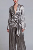 Load image into Gallery viewer, Shawl Lapel Grey 2 Piece Wide Leg Prom Suits with Bow
