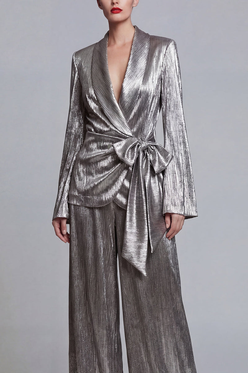 Load image into Gallery viewer, Shawl Lapel Grey 2 Piece Wide Leg Prom Suits with Bow