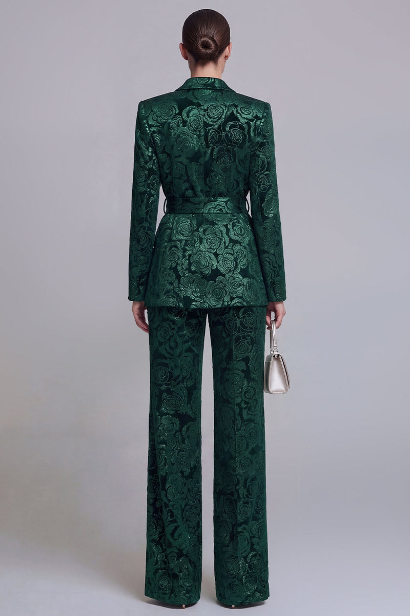 Load image into Gallery viewer, 2 Piece Notched Lapel Dark Green Floral Wide Leg Prom Suits with Belt