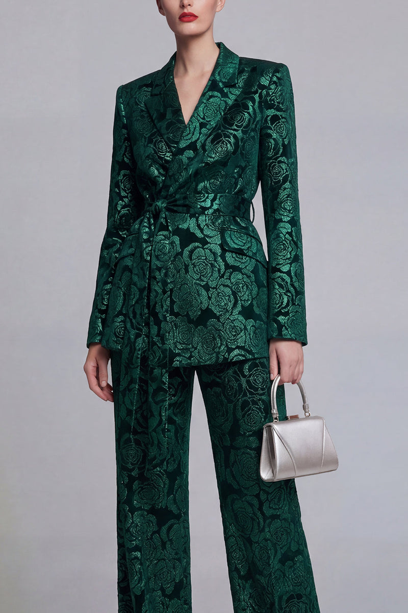 Load image into Gallery viewer, 2 Piece Notched Lapel Dark Green Floral Wide Leg Prom Suits with Belt