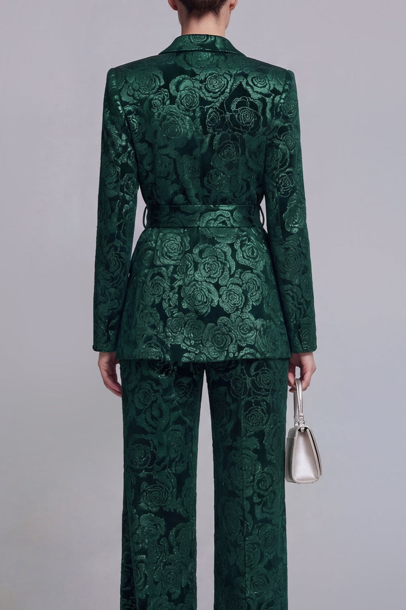 Load image into Gallery viewer, 2 Piece Notched Lapel Dark Green Floral Wide Leg Prom Suits with Belt
