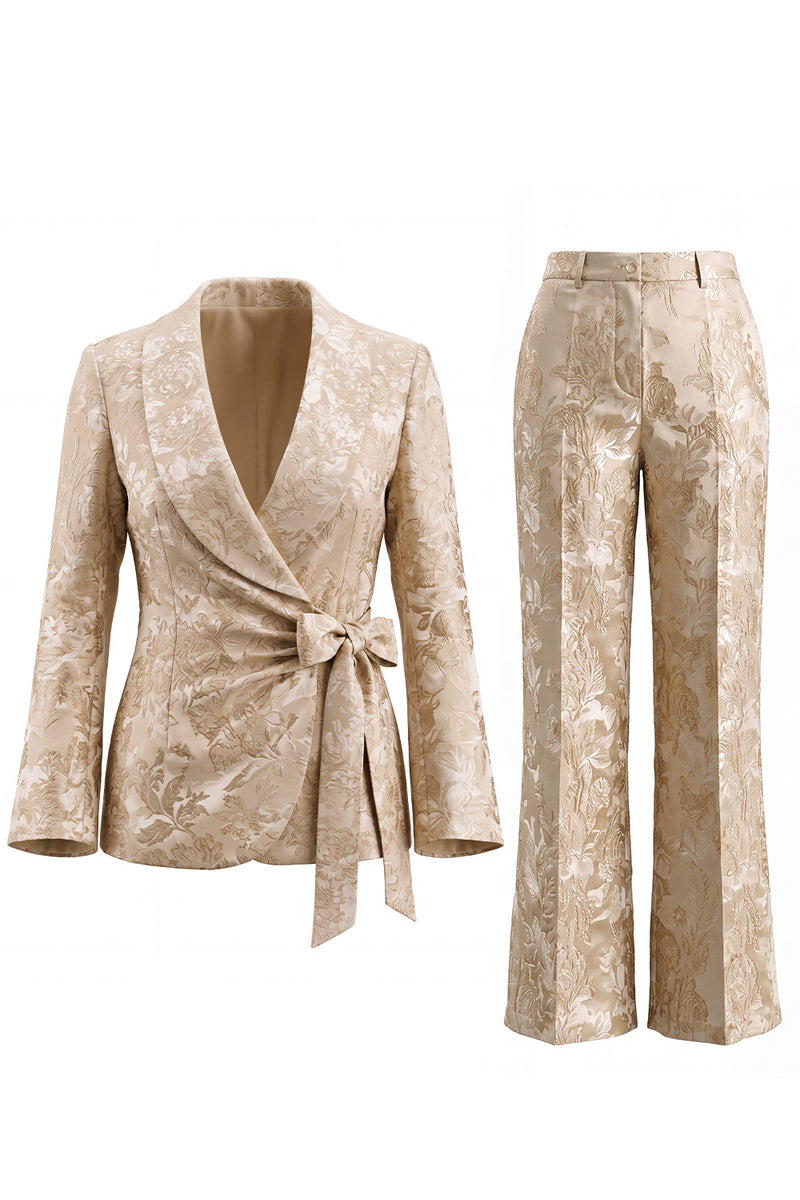 Load image into Gallery viewer, Champagne Shawl Lapel Floral Wide Leg 2 Piece Prom Suits with Bow