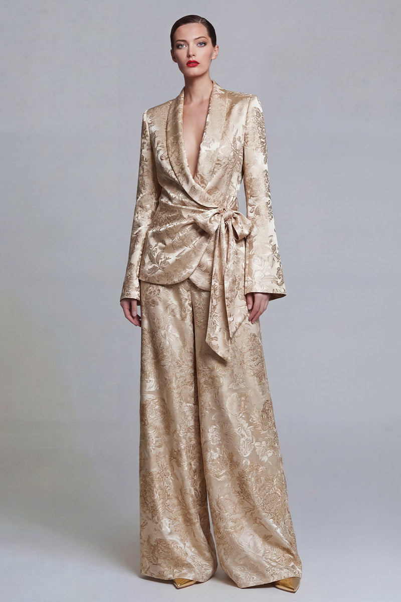 Load image into Gallery viewer, Champagne Shawl Lapel Floral Wide Leg 2 Piece Prom Suits with Bow