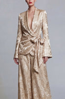 Load image into Gallery viewer, Champagne Shawl Lapel Floral Wide Leg 2 Piece Prom Suits with Bow
