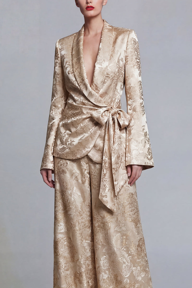 Load image into Gallery viewer, Champagne Shawl Lapel Floral Wide Leg 2 Piece Prom Suits with Bow