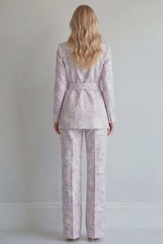 Floral Single Breasted 2 Piece Lilac Peak Lapel Wide Leg Prom Suits with Belt