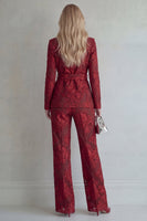 Load image into Gallery viewer, Peak Lapel Red Floral Lace 2 Piece Slim Fit Prom Suits with Belt