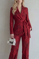 Load image into Gallery viewer, Peak Lapel Red Floral Lace 2 Piece Slim Fit Prom Suits with Belt