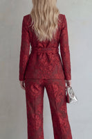 Load image into Gallery viewer, Peak Lapel Red Floral Lace 2 Piece Slim Fit Prom Suits with Belt
