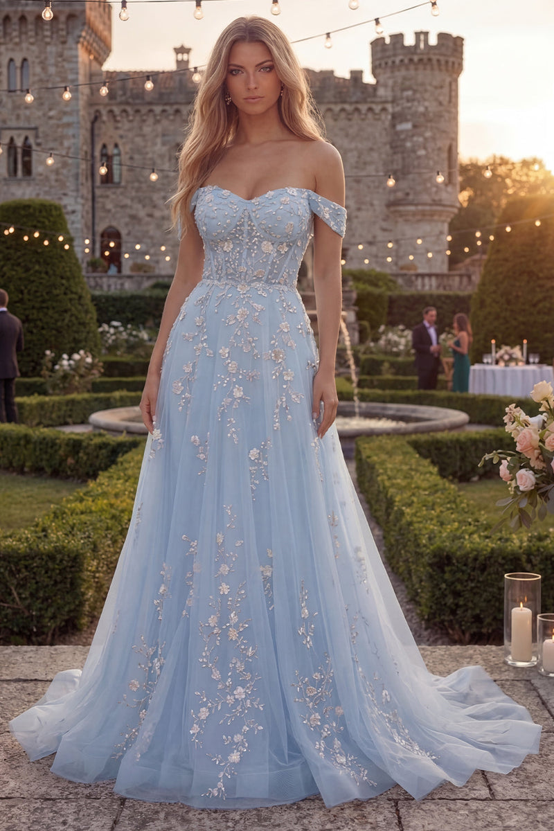 Load image into Gallery viewer, Sparkly Floral Blue A Line Off the Shoulder Beaded Long Corset Prom Dress