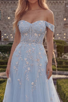 Load image into Gallery viewer, Sparkly Floral Blue A Line Off the Shoulder Beaded Long Corset Prom Dress