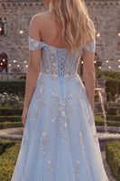 Load image into Gallery viewer, Sparkly Floral Blue A Line Off the Shoulder Beaded Long Corset Prom Dress