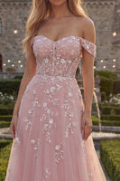 Load image into Gallery viewer, Sparkly Floral Blue A Line Off the Shoulder Beaded Long Corset Prom Dress