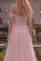 Load image into Gallery viewer, Sparkly Floral Blue A Line Off the Shoulder Beaded Long Corset Prom Dress