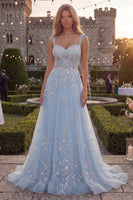 Load image into Gallery viewer, Sparkly Blue Floral A Line Beaded Thick Straps Long Prom Dress