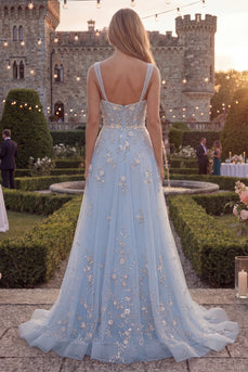 Sparkly Blue Floral A Line Beaded Thick Straps Long Prom Dress