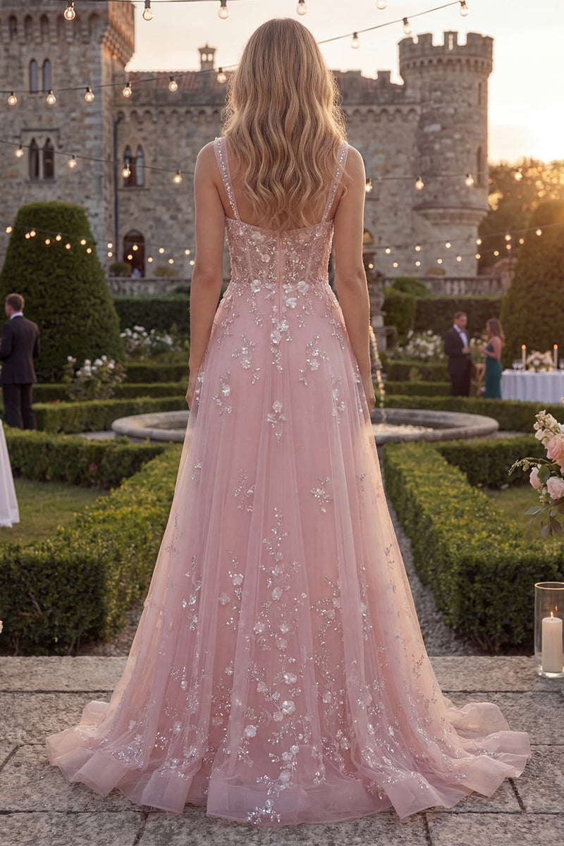 Load image into Gallery viewer, Sparkly Blue Floral A Line Beaded Thick Straps Long Prom Dress