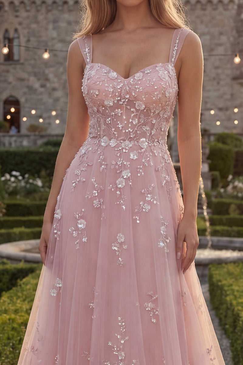 Load image into Gallery viewer, Sparkly Blue Floral A Line Beaded Thick Straps Long Prom Dress