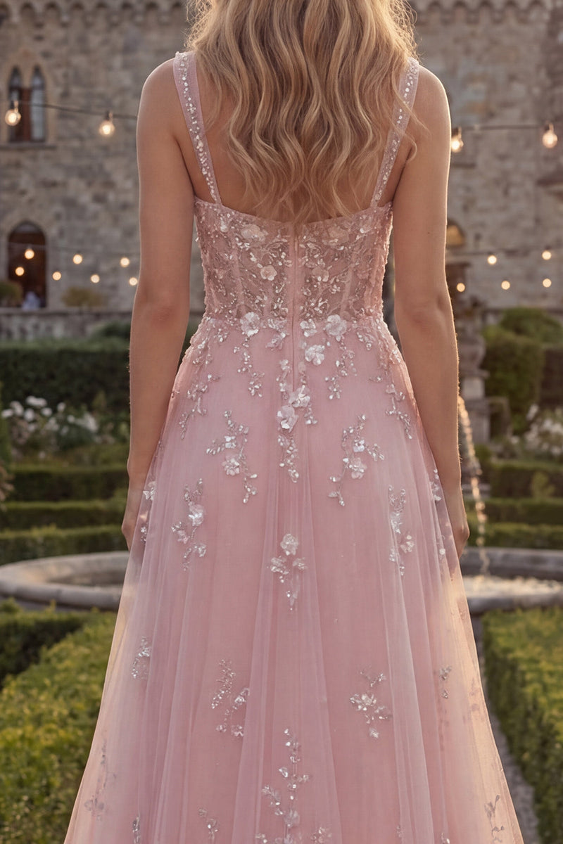 Load image into Gallery viewer, Sparkly Blue Floral A Line Beaded Thick Straps Long Prom Dress