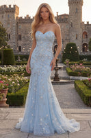 Load image into Gallery viewer, Sparkly Blue Floral Strapless Mermaid Beaded Long Prom Dress