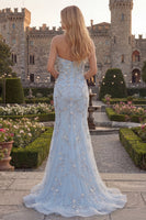 Load image into Gallery viewer, Sparkly Blue Floral Strapless Mermaid Beaded Long Prom Dress