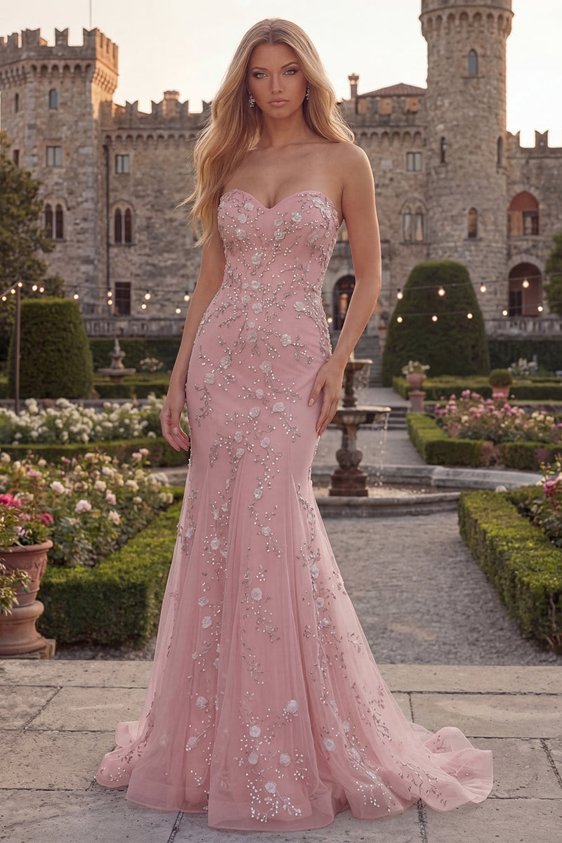 Load image into Gallery viewer, Sparkly Blue Floral Strapless Mermaid Beaded Long Prom Dress