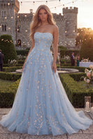 Load image into Gallery viewer, Strapless Sparkly Blue A Line Floral Beaded Long Prom Dress
