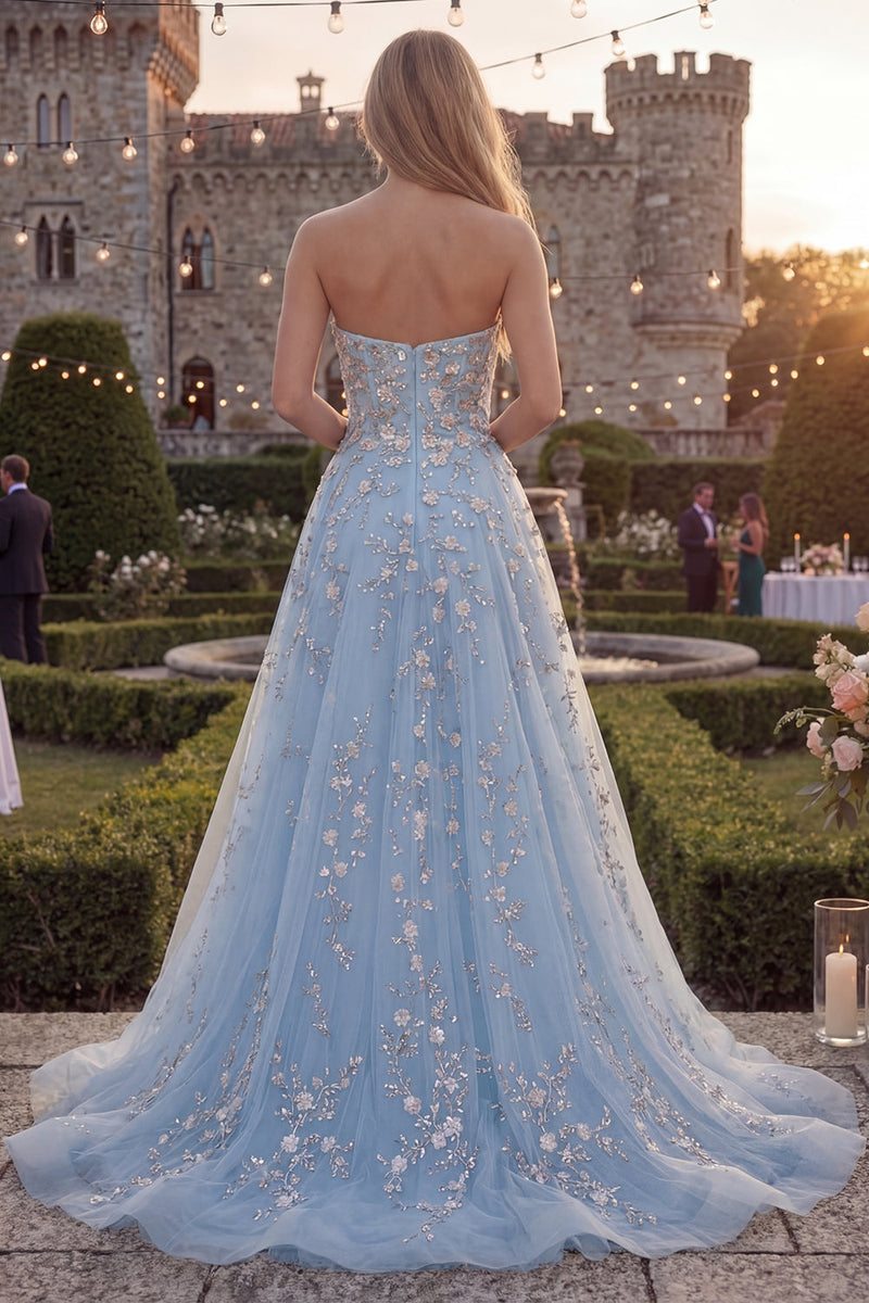 Load image into Gallery viewer, Strapless Sparkly Blue A Line Floral Beaded Long Prom Dress