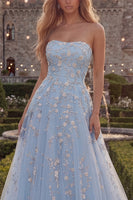 Load image into Gallery viewer, Strapless Sparkly Blue A Line Floral Beaded Long Prom Dress