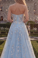 Load image into Gallery viewer, Strapless Sparkly Blue A Line Floral Beaded Long Prom Dress