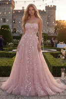 Load image into Gallery viewer, Strapless Sparkly Blue A Line Floral Beaded Long Prom Dress