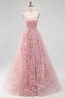 Load image into Gallery viewer, Strapless Sparkly Blue A Line Floral Beaded Long Prom Dress
