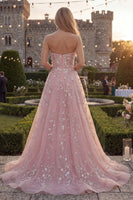 Load image into Gallery viewer, Strapless Sparkly Blue A Line Floral Beaded Long Prom Dress