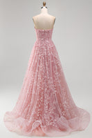 Load image into Gallery viewer, Strapless Sparkly Blue A Line Floral Beaded Long Prom Dress