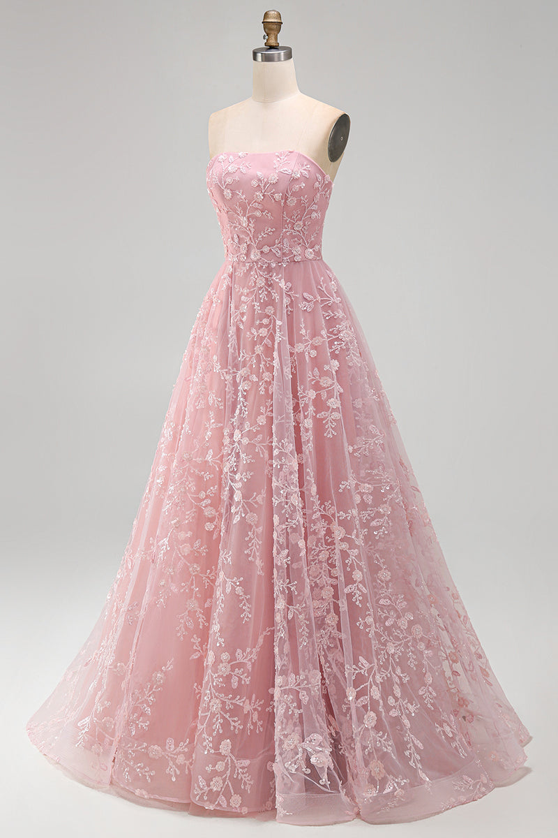 Load image into Gallery viewer, Strapless Sparkly Blue A Line Floral Beaded Long Prom Dress