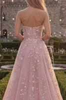 Load image into Gallery viewer, Strapless Sparkly Blue A Line Floral Beaded Long Prom Dress