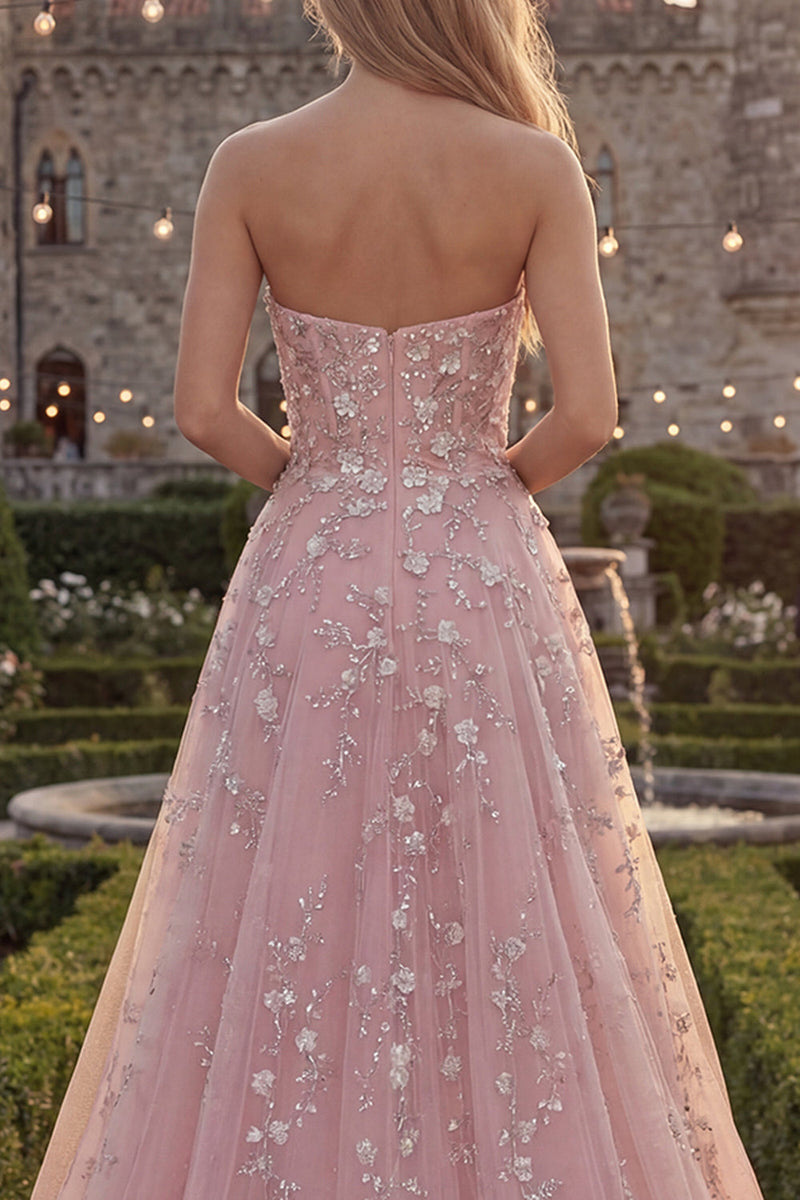 Load image into Gallery viewer, Strapless Sparkly Blue A Line Floral Beaded Long Prom Dress